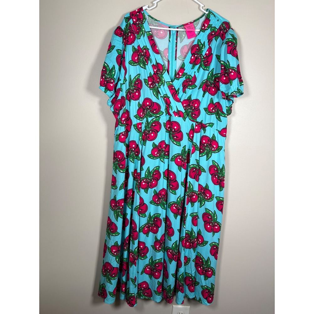 Torrid Betsey Johnson Blue Cherry Print Surplice Midi Dress Plus Size 24 Pockets - Picture 11 of 15